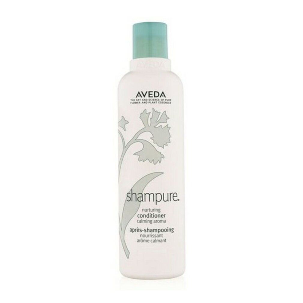 Weiße Flasche mit blauem Deckel. Aufschrift: Aveda, Shampure, Après-shampooing Nourrissant. Floral-Dekor.