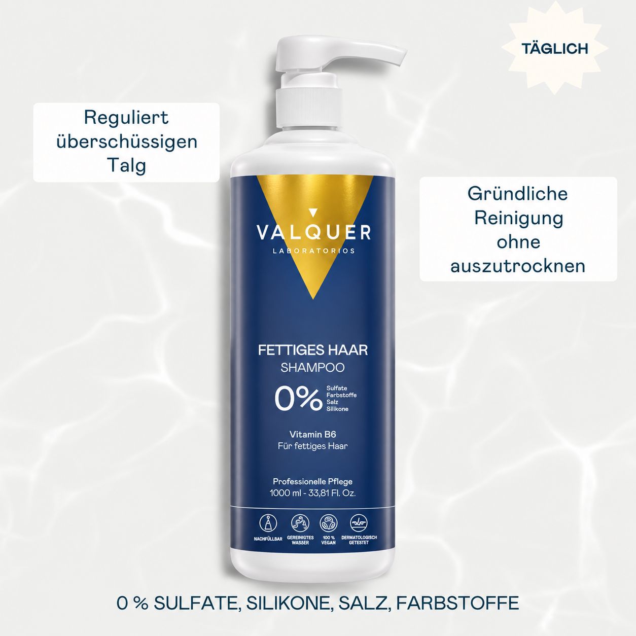 Flasche Valquer Shampoo für fettiges Haar, 1000ml. 0% Sulfat, Silikon, Salz, Farbstoffe. Mit Vitamin B6.