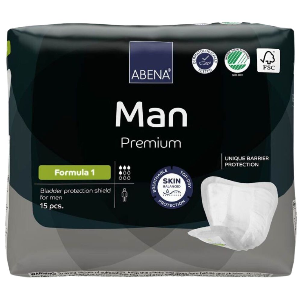 Verpackung von Abena Man Premium Formula 1. Schwarze Verpackung mit Produktname und Logo. 15 Stück. FSC-Zertifizierung.
