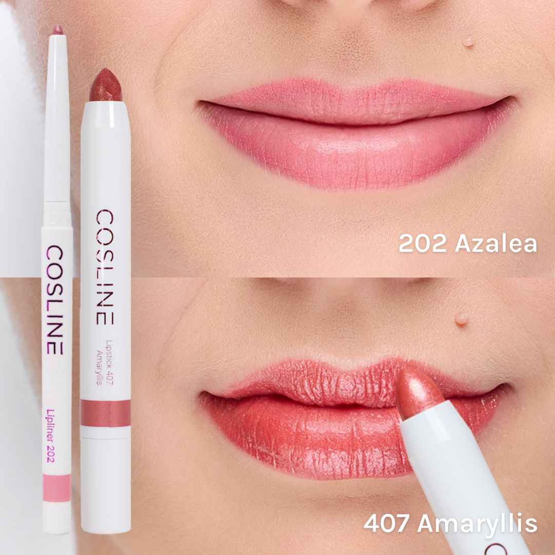 Vergleich von zwei Lippenstifttönen: '202 Azalea' und '407 Amaryllis'.