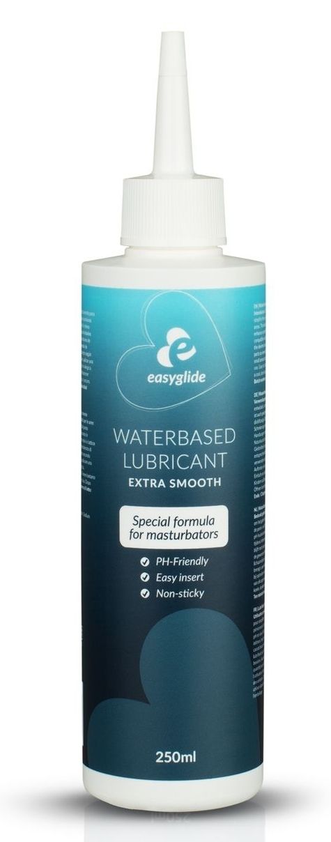 Flasche mit weißem Deckel und Applikator. Aufschrift: Easyglide Waterbased Lubricant Extra Smooth. Spezielle Formel für Masturbatoren.
