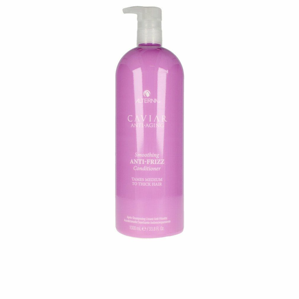 Lila Flasche mit Pumpspender, Alterna Caviar Anti-Frizz Conditioner.