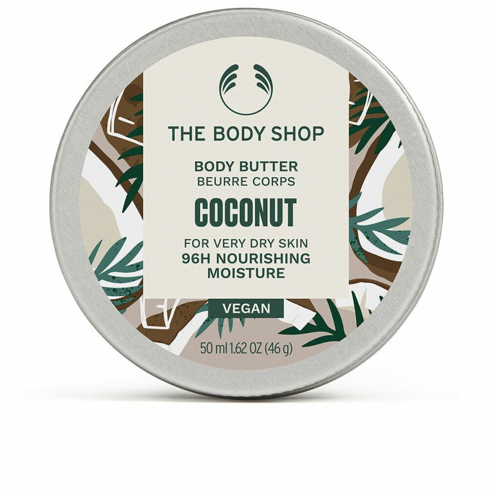 Runde Dose Body Butter von The Body Shop. Aufschrift: Kokosnuss, für sehr trockene Haut, 96h Feuchtigkeit. Vegan. 50 ml.