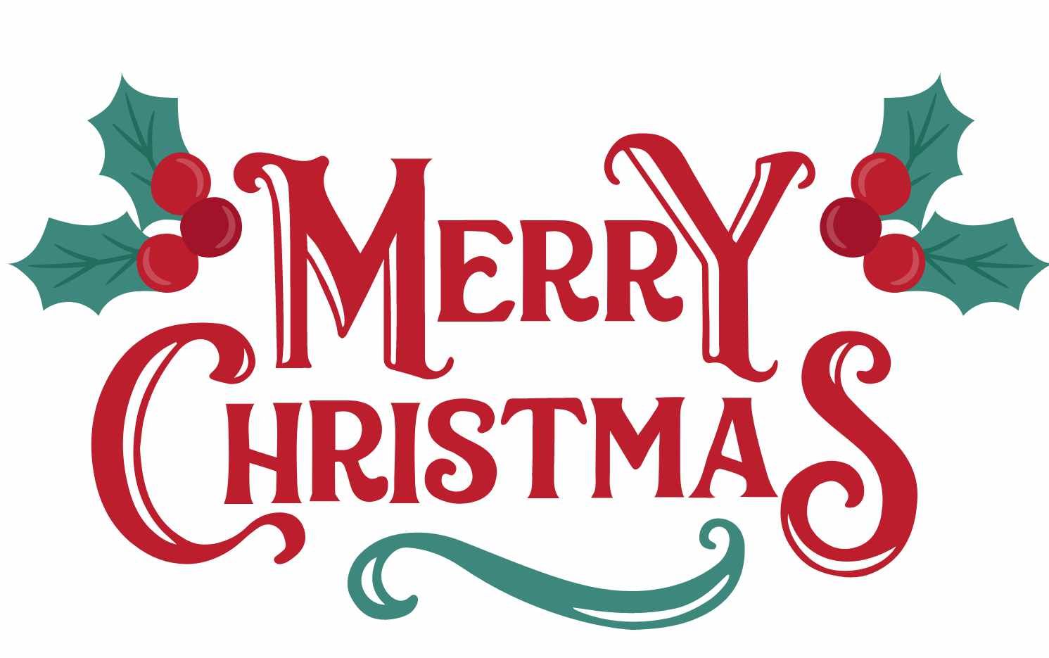 Rote Schrift Merry Christmas. Grüne Verzierungen mit roten Beeren.