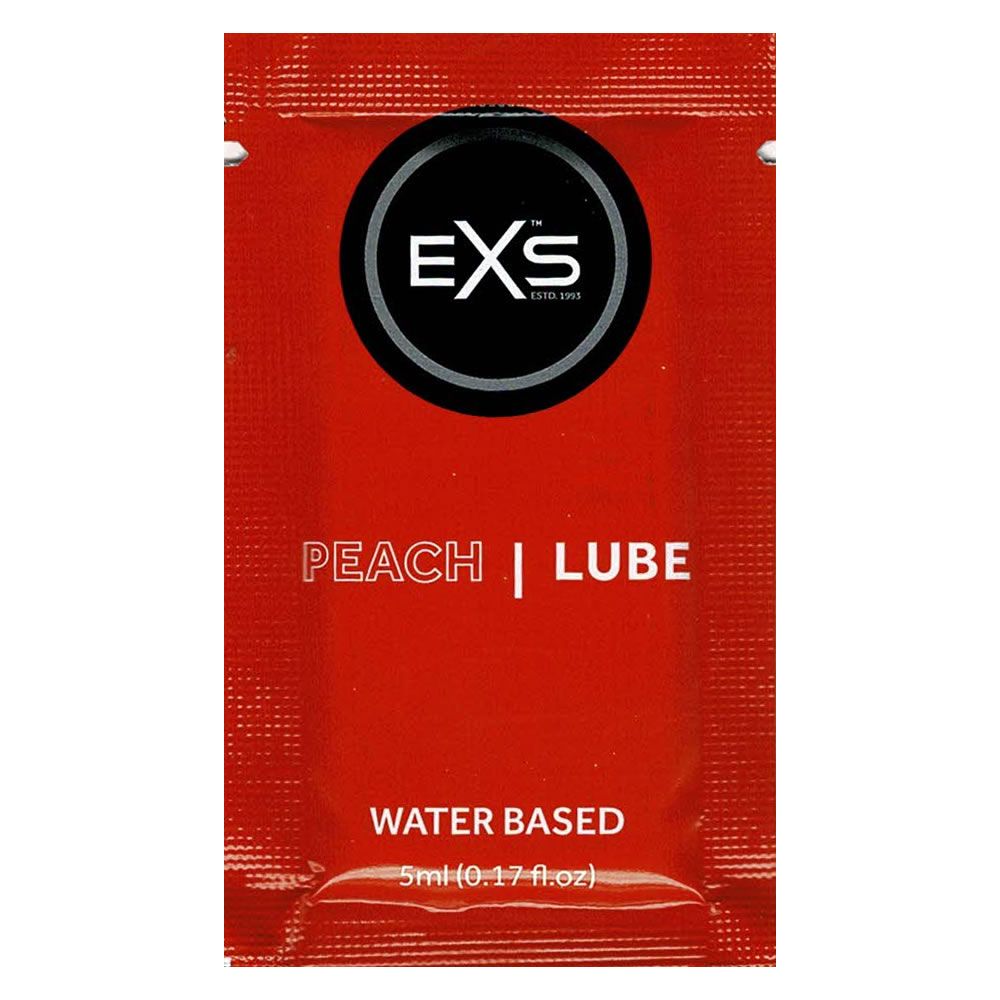 Rote Einzelverpackung mit Logo 'eXs'. Text: 'PEACH | LUBE', 'WATER BASED'. Unten: 5ml (0.17 fl.oz).