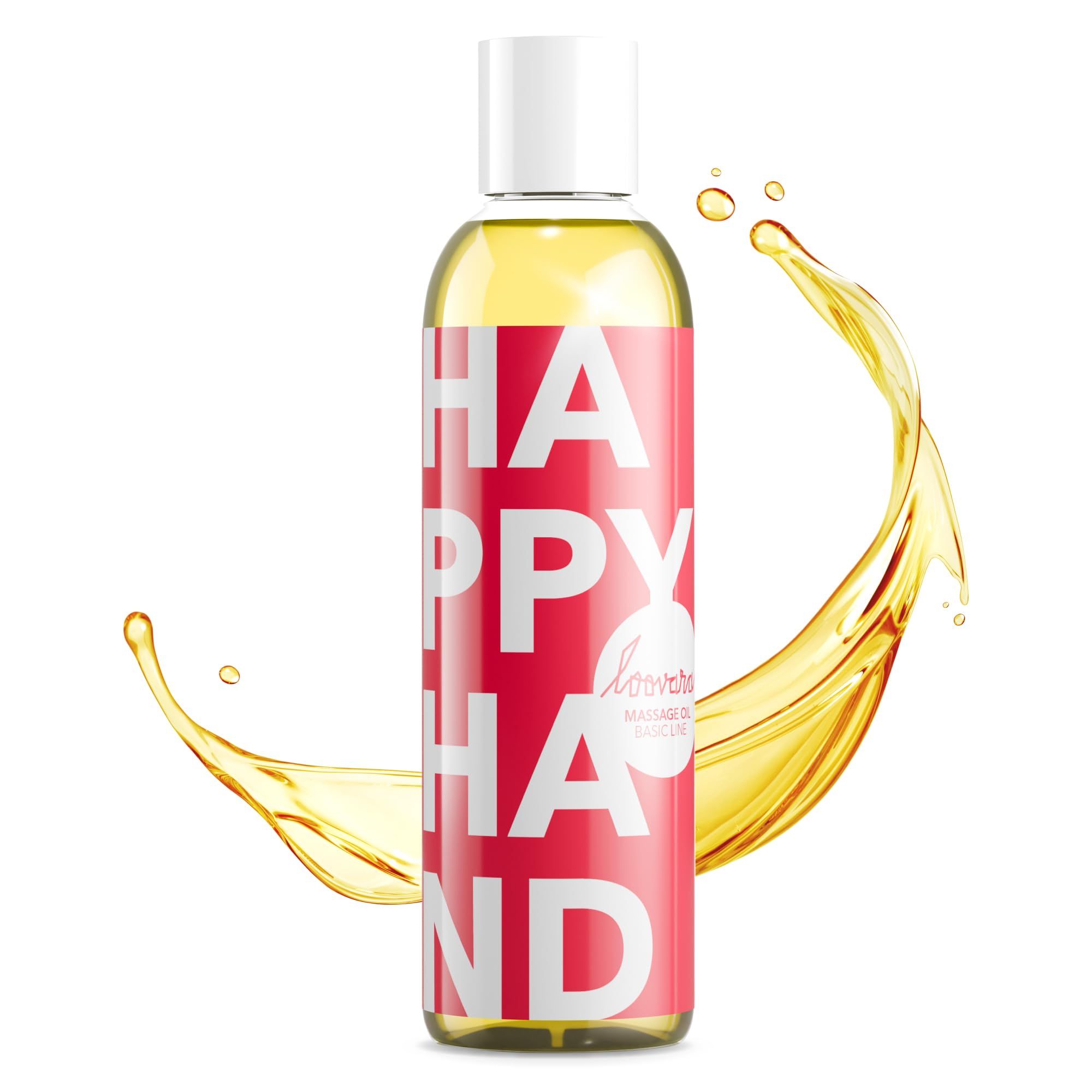 Flasche Loovara Happy Hand Massageöl mit rotem Etikett und weißer Schrift.