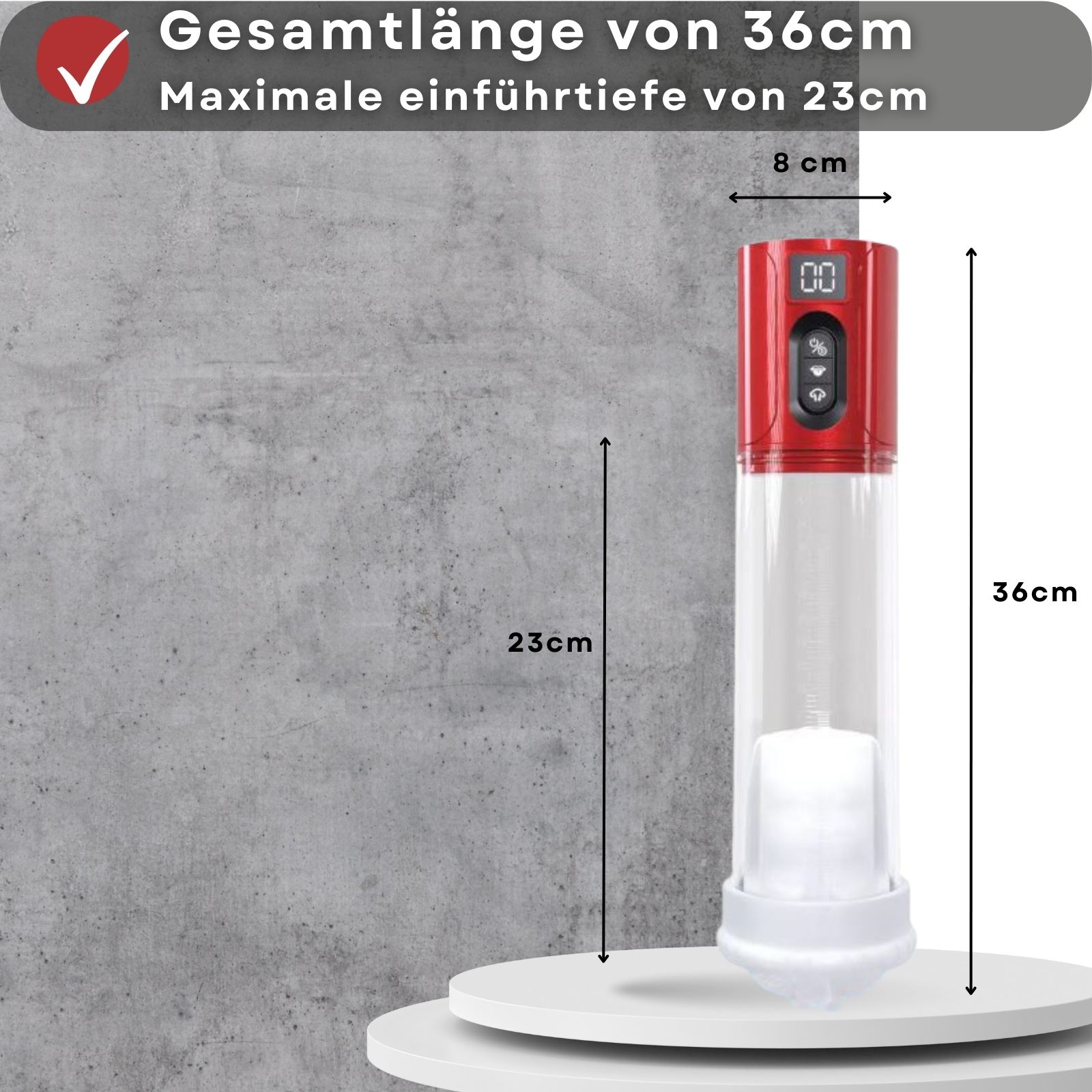 Produktabbildung mit Text: „Gesamtlänge von 36cm“, „Maximale Einführungstiefe von 23cm“. Pumpe auf Podest, Maße in cm.