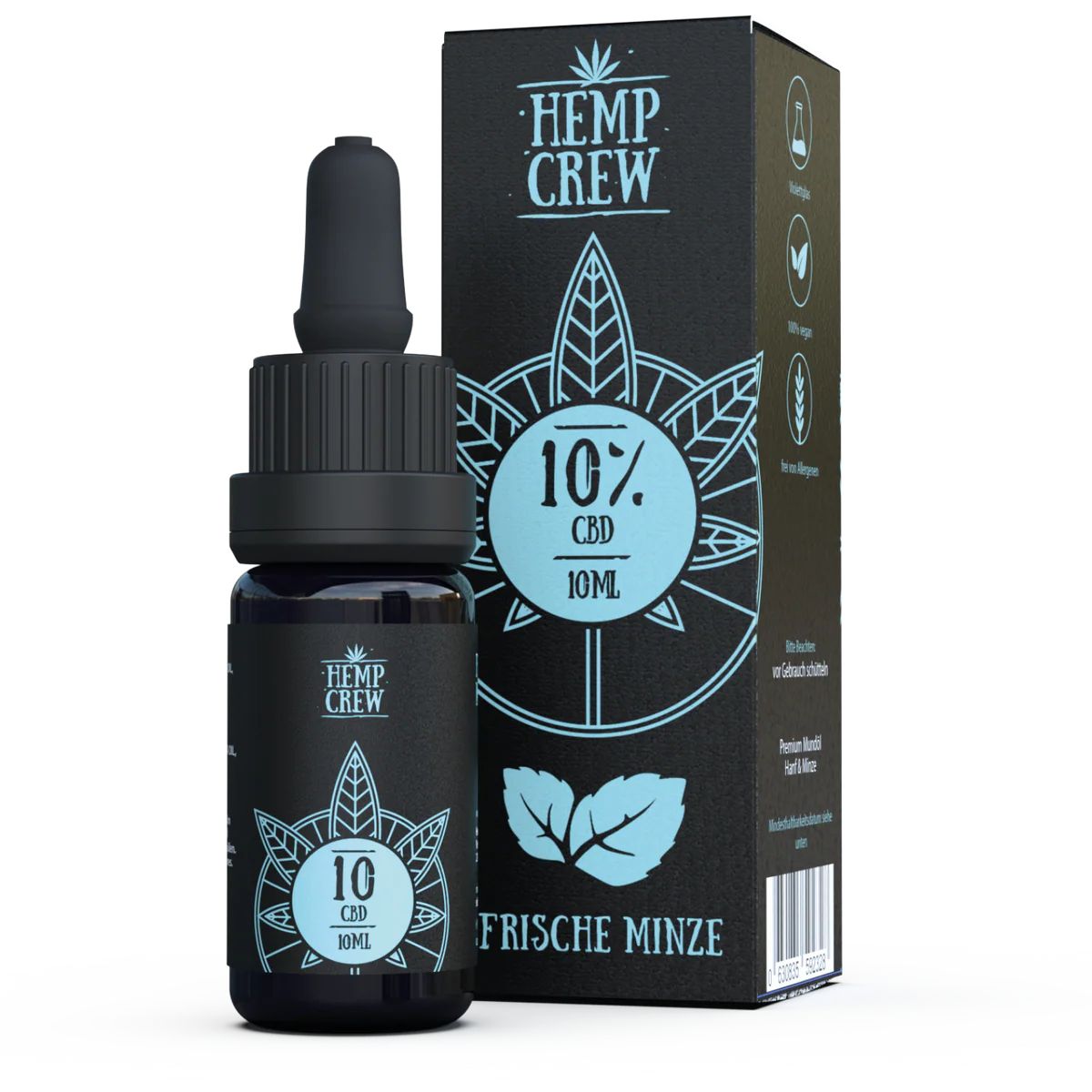 Kleine Flasche und Schachtel. Auf der Flasche: HempCrew, 10% CBD, 10ml, Frische Minze. Auf der Schachtel: HempCrew, 10% CBD, Minze, Blätter.