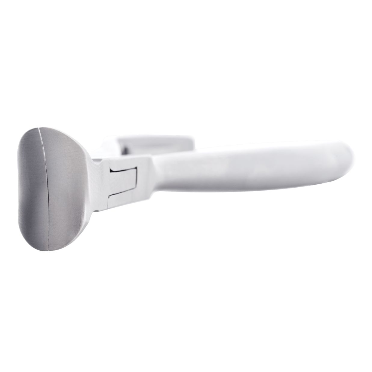 Weißes, ergonomisches Werkzeug mit abgerundeter Spitze und Griff. Seitliche Ansicht, auf weißem Hintergrund.