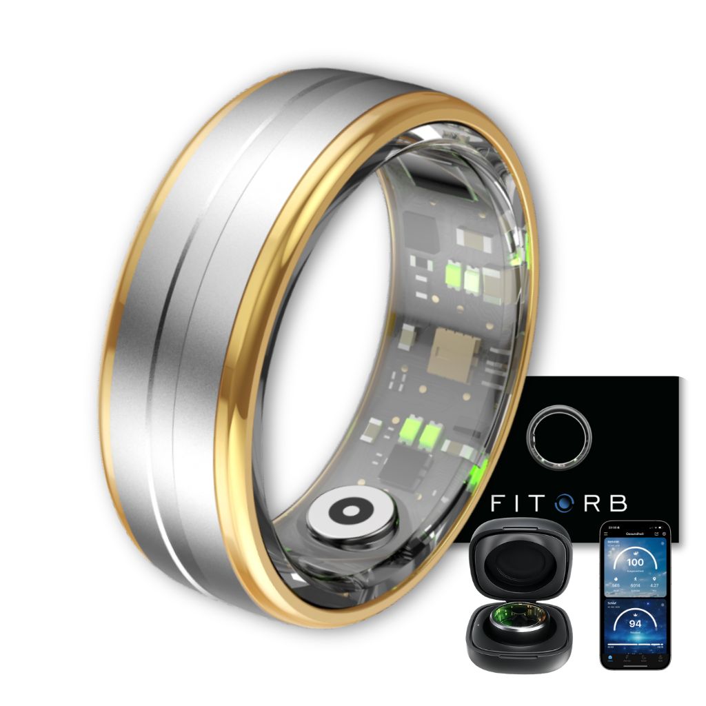 Silberner Ring mit goldenen Akzenten. Ladestation und Smartphone mit App-Anzeige. Marke: FITORB.