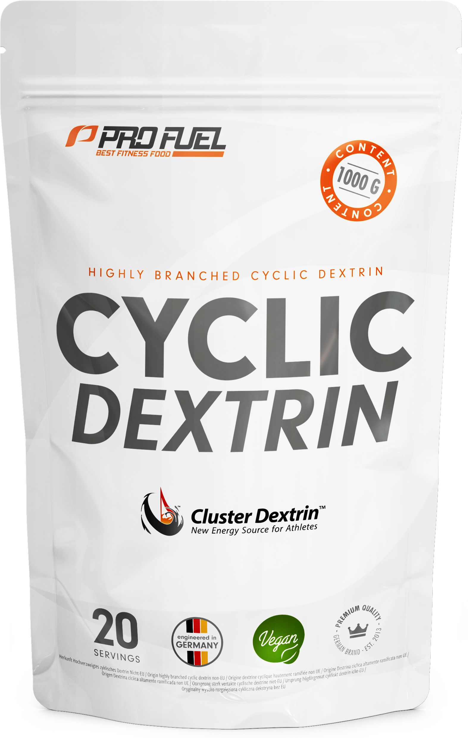 Weiße Tüte mit Aufschrift "CYCLIC DEXTRIN". Enthält 1000g. Logo "PRO FUEL". "20 Servings", "Vegan"-Siegel, "Made in Germany".