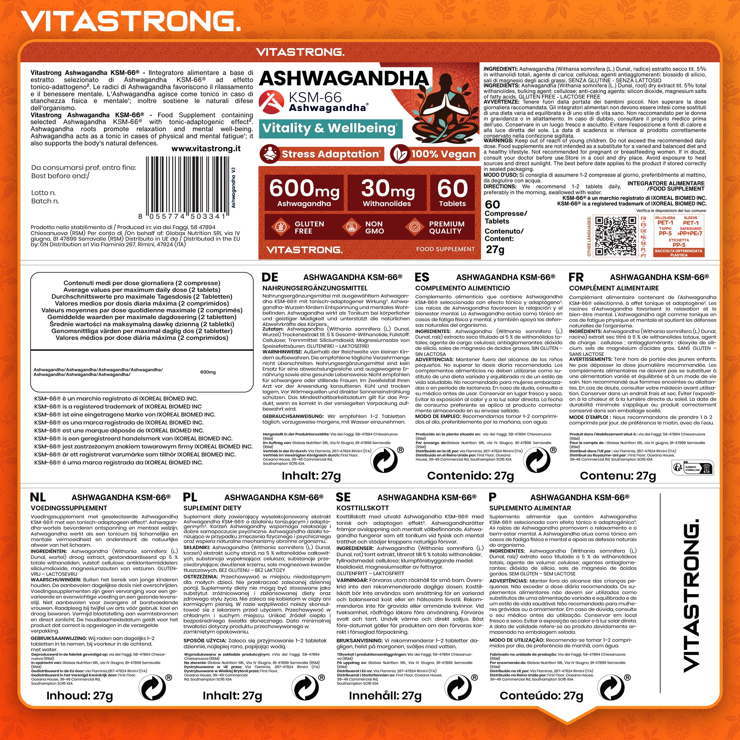 Rückseite der Vitastrong Ashwagandha KSM-66®-Verpackung. Text in verschiedenen Sprachen. Enthält 60 Tabletten. 27g.