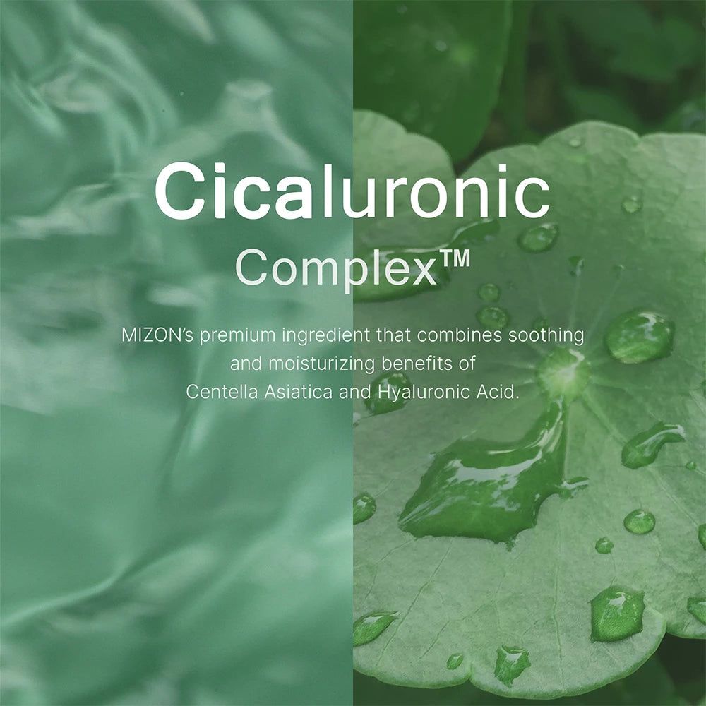 Zweiteiliges Bild. Links: Grüner Hintergrund. Rechts: Grünes Blatt mit Wassertropfen. Text: Cicaluronic Complex.