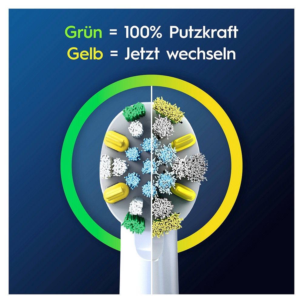 Oral-B PRO Aufsteckbürste: Grün = 100% Putzkraft, Gelb = Wechseln.