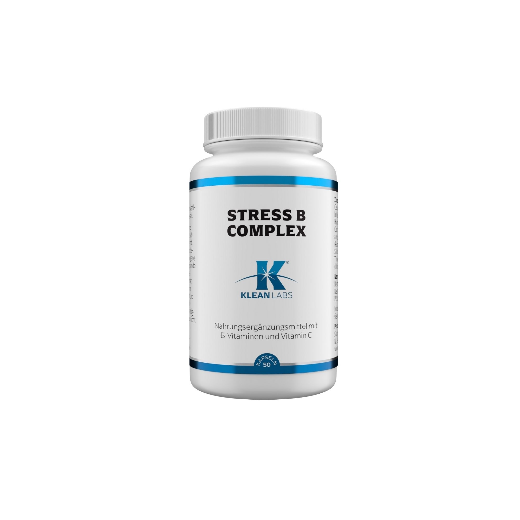 Weiße Flasche mit blauem Streifen und Aufschrift "STRESS B COMPLEX". Logo von Klean Labs. Nahrungsergänzungsmittel mit B-Vitaminen und Vitamin C.