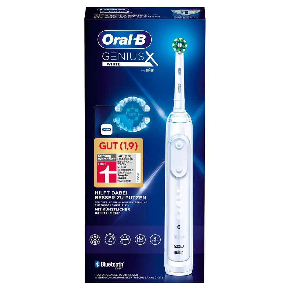Verpackung der elektrischen Zahnbürste. Produkt und Verpackung mit Text: Oral-B GENIUS X WHITE. Bewertung: GUT (1,9).