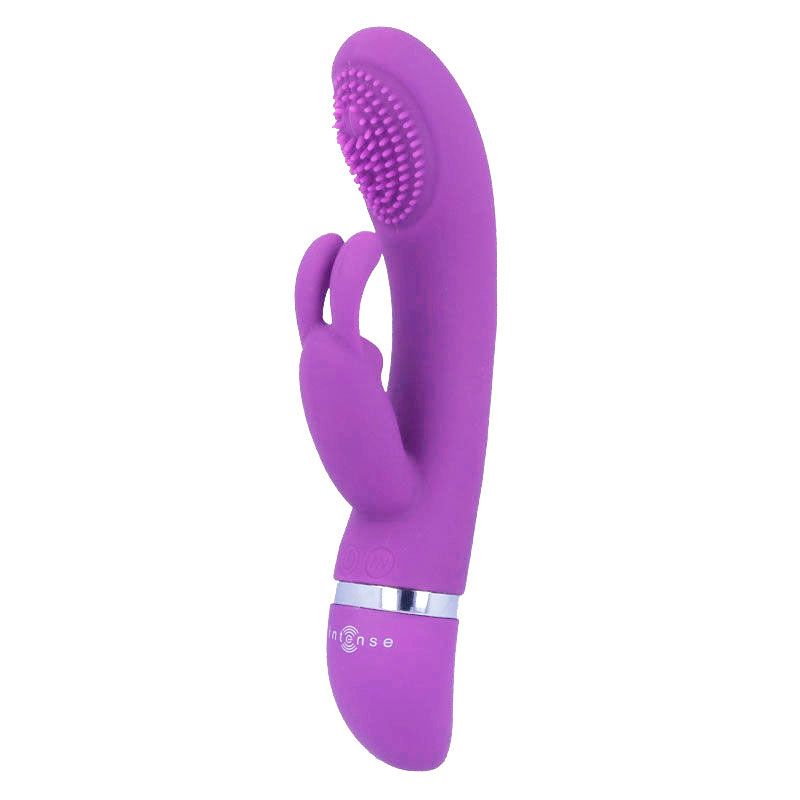 Lila Vibrator aus Silikon mit Hasenohren und geriffelter Spitze. Silberfarbener Ring am unteren Ende. Marke Intense.