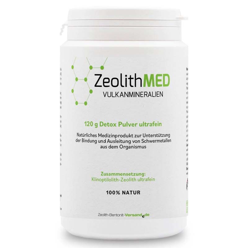 Weiße Dose mit grünem Deckel. Text: Zeolith MED VULKANMINERALIEN, 120 g Detox Pulver ultrafein. 100% NATUR.