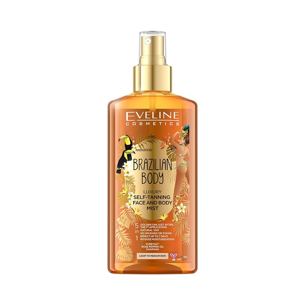 EVELINE COSMETICS Brazilian Body Selbstbräunungsspray. Flasche mit Text, Illustrationen und goldenem Sprühkopf.