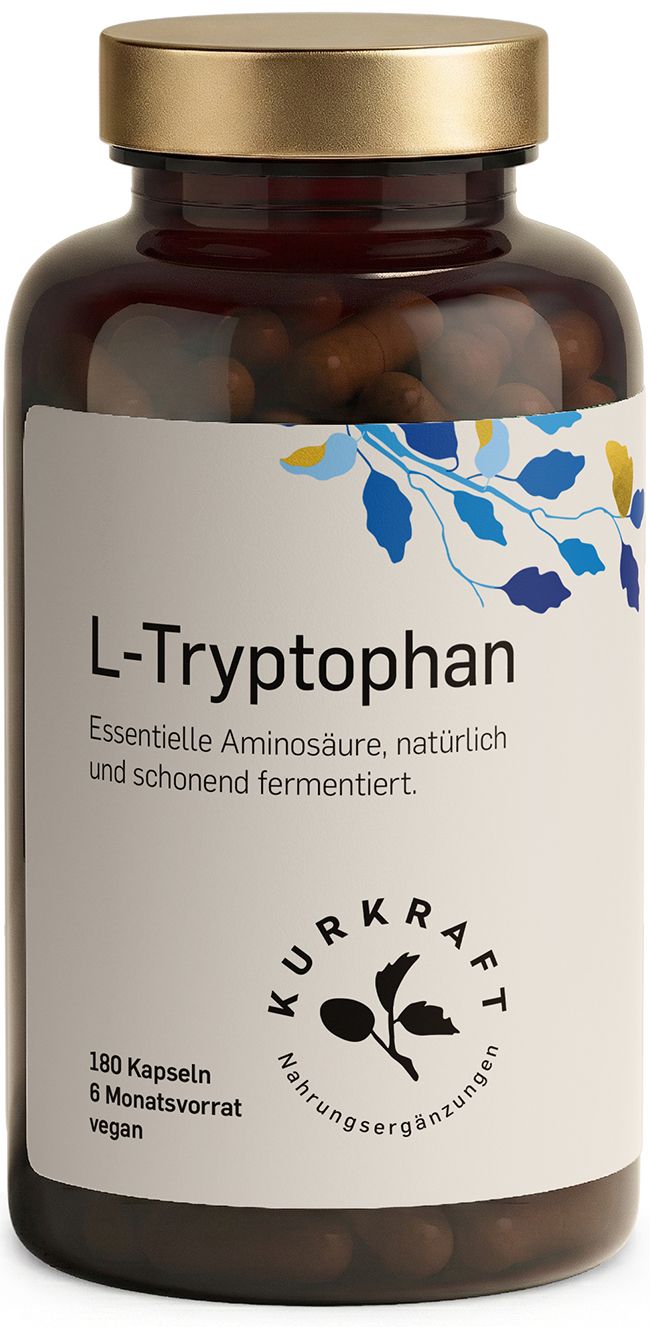 Braune Flasche mit L-Tryptophan Kapseln. Aufschrift: 180 Kapseln, 6 Monatsvorrat. Logo Kurkraft. Goldener Deckel.