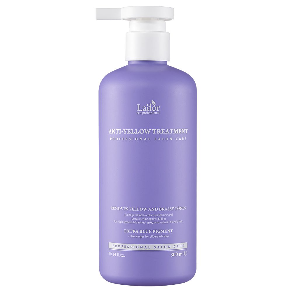 Lila Flasche mit Pumpspender, Lador Anti-Yellow Treatment, 300ml.