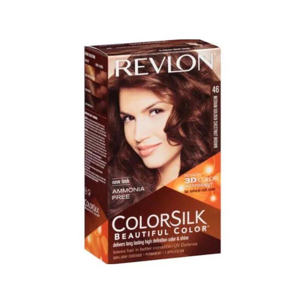 Revlon Colorsilk Box. Medium Golden Chestnut Brown. Ohne Ammoniak. Frau mit braunen Haaren. 3D Color Gel Technologie.