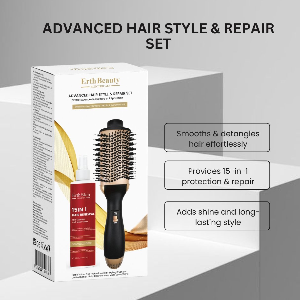 Verpackung des Haarstyling- und Reparatursets mit Produktabbildungen und Text.