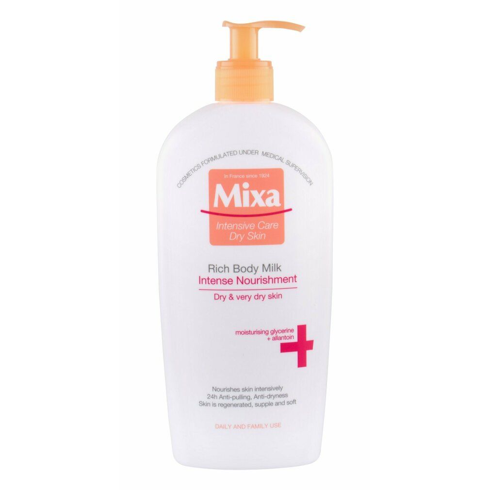 Weiße Flasche mit orangefarbenem Pumpkopf. Aufschrift: Mixa, Intensive Care, Rich Body Milk, Intense Nourishment.