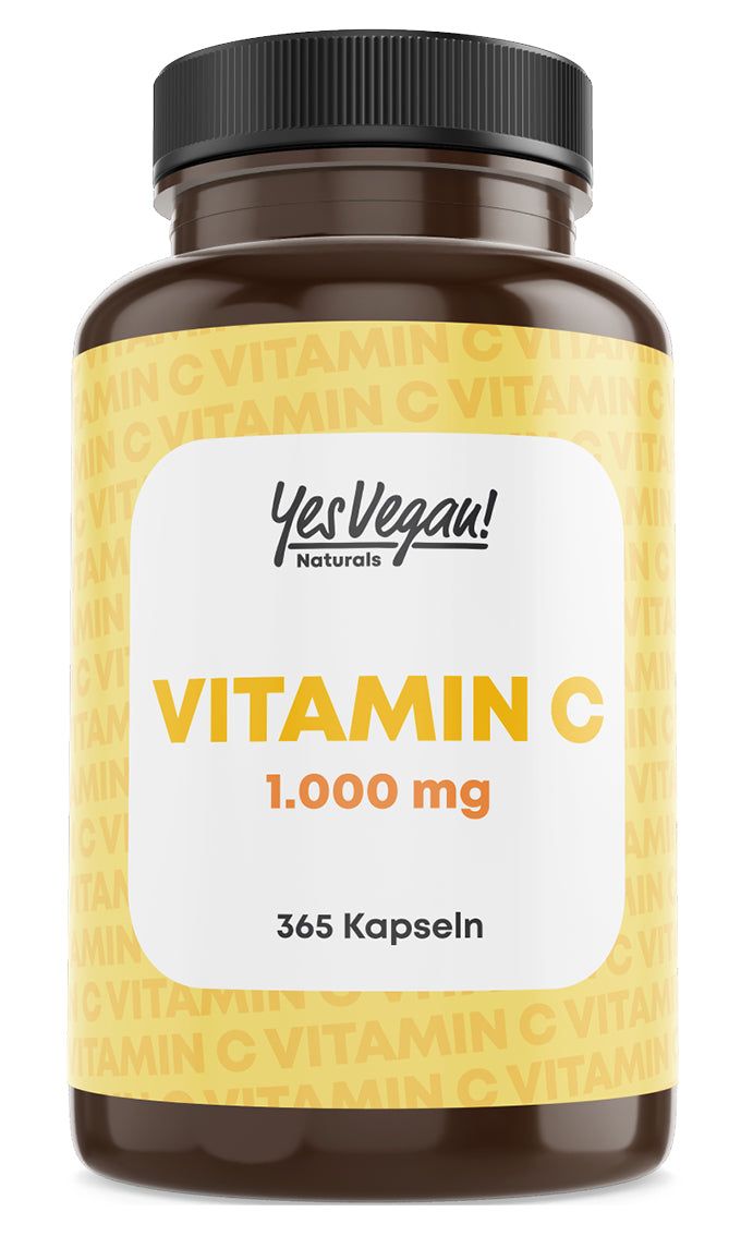 Braune Flasche mit schwarzem Deckel. Aufkleber mit "Yes Vegan! Naturals Vitamin C 1.000 mg" und "365 Kapseln".