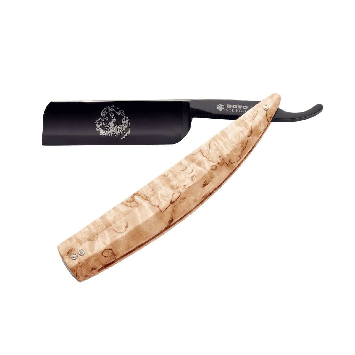 Rasierklinge mit Holzgriff. Schwarze Klinge mit Löwenmotiv und DOVO-Logo. Holzgriff.