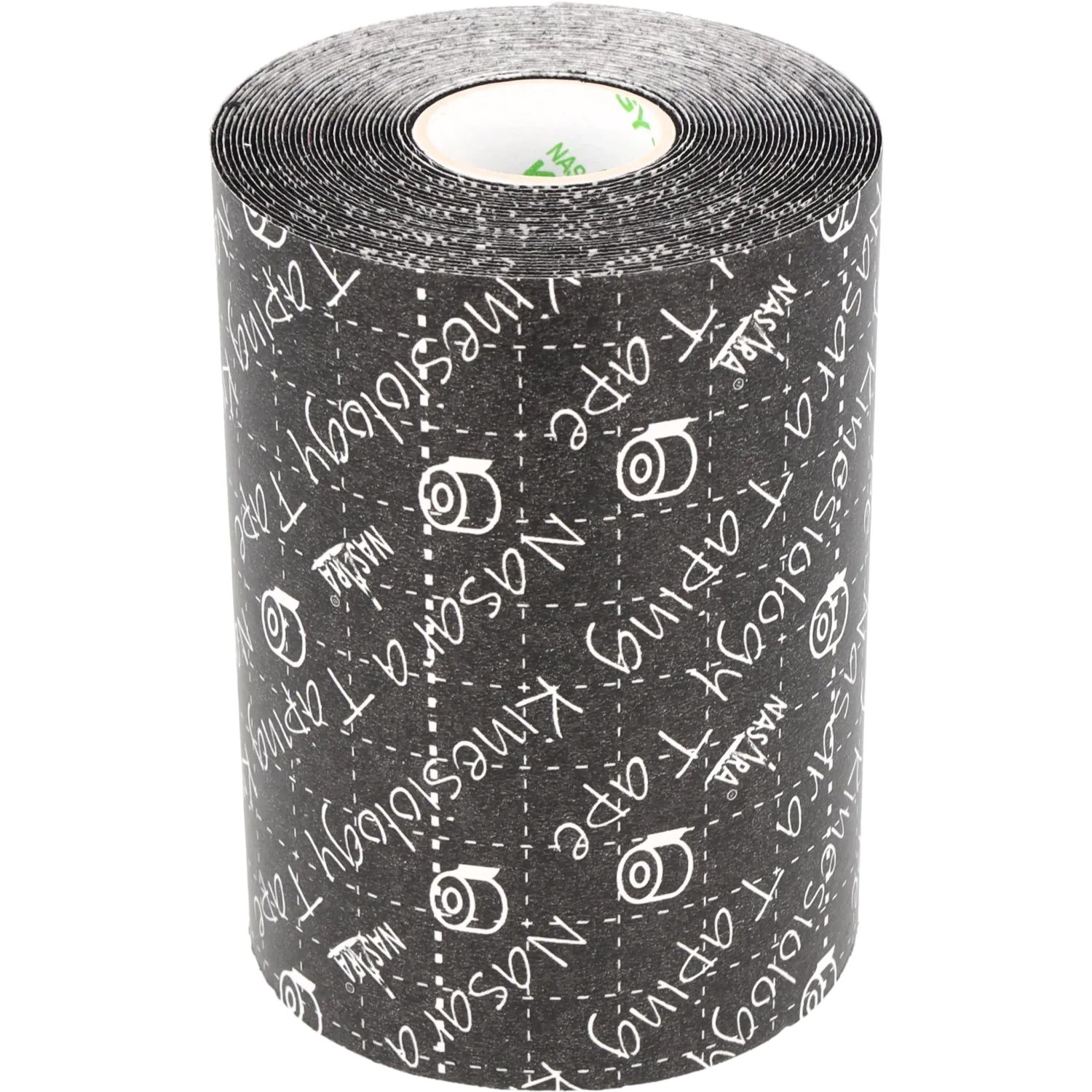 Rolle schwarzes Kinesio-Tape. Der Markenname "Nasara Kinesiology Tape" ist in Weiß aufgedruckt. Das Tape ist mit einem Raster versehen.
