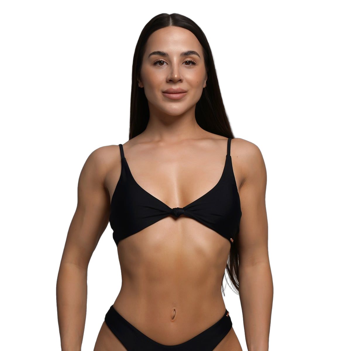 Schwarzes Bikini-Oberteil mit Knoten vorne und verstellbaren Trägern.