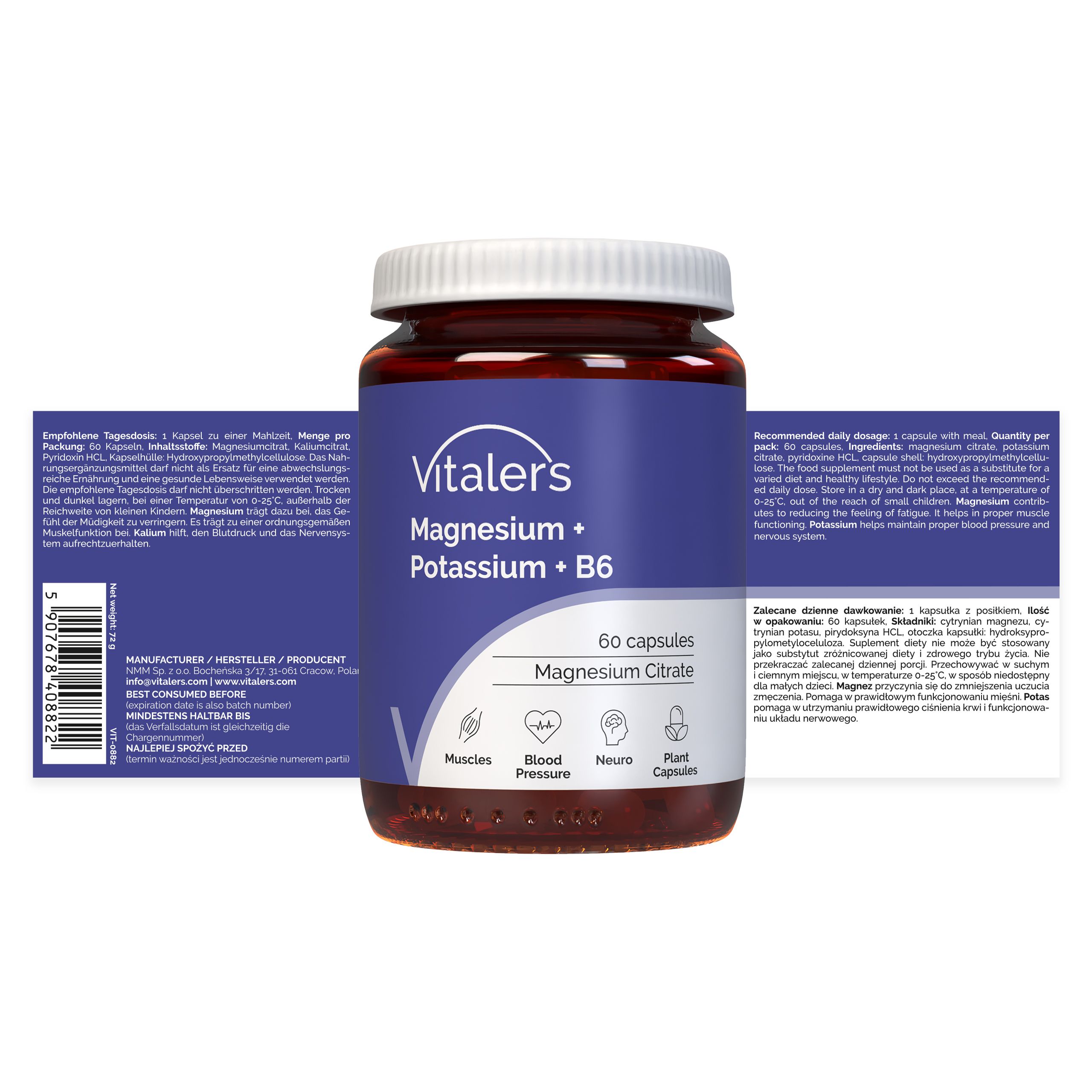 Vitaler's Magnesium + Kalium + B6 Kapseldose und Kartonverpackung. Rückseite der Dose mit Informationen.