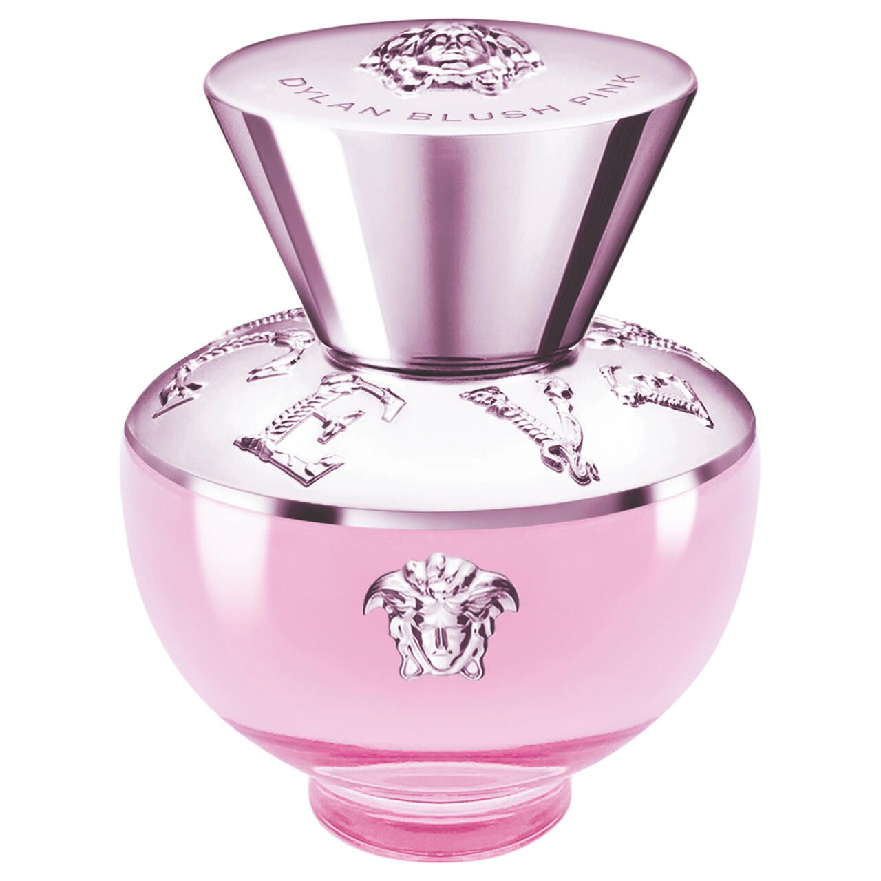 Versace Dylan Blush Pink Eau de Parfum Flakon. Rosa Glasflakon mit silbernem Deckel und Medusa-Logo. Deckel mit Prägung.