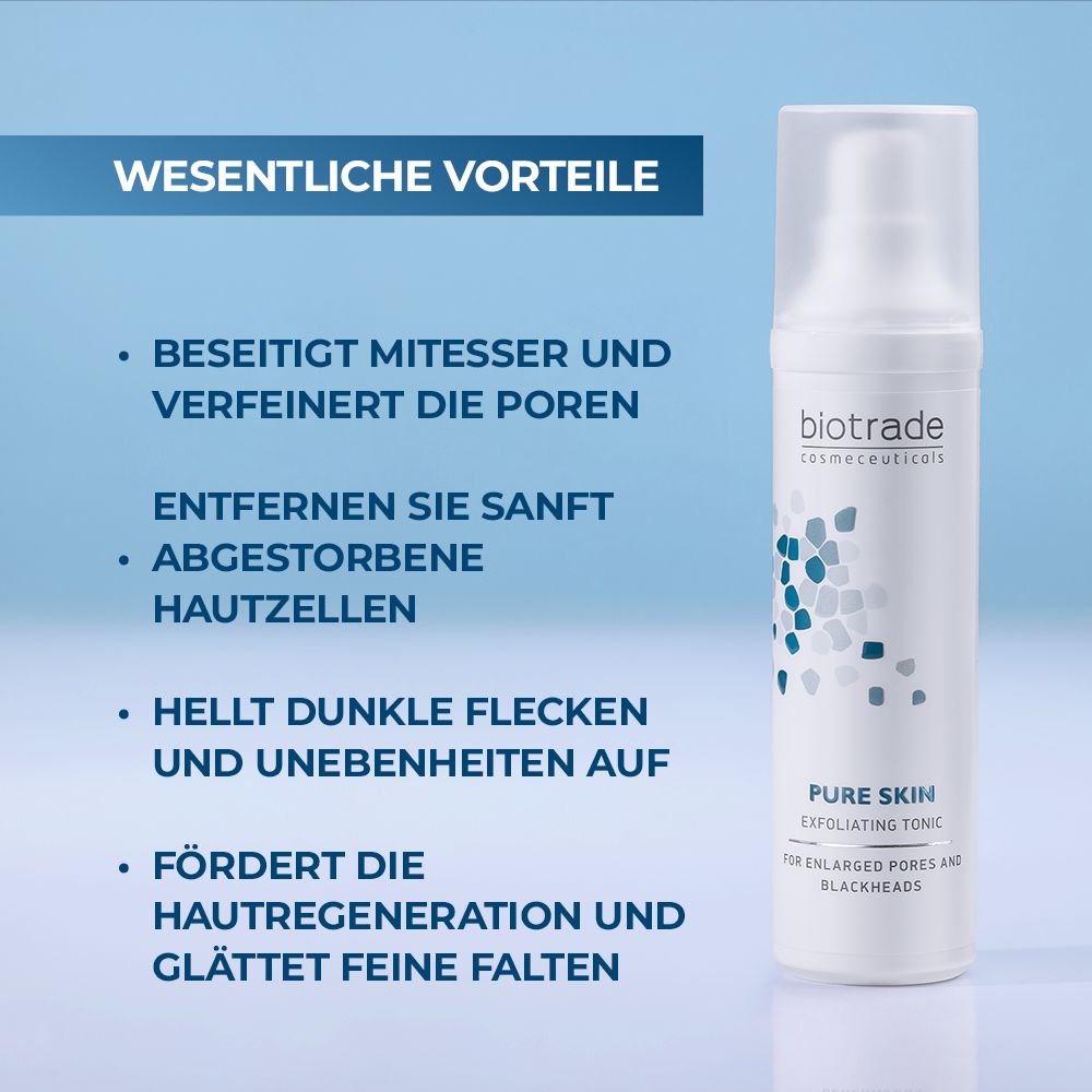 Weißes Flaschenspray Pure Skin Exfoliating Tonic. Text: Beseitigt Mitesser, verfeinert Poren, hellt Flecken auf, glättet Falten. Marke Biotrade.