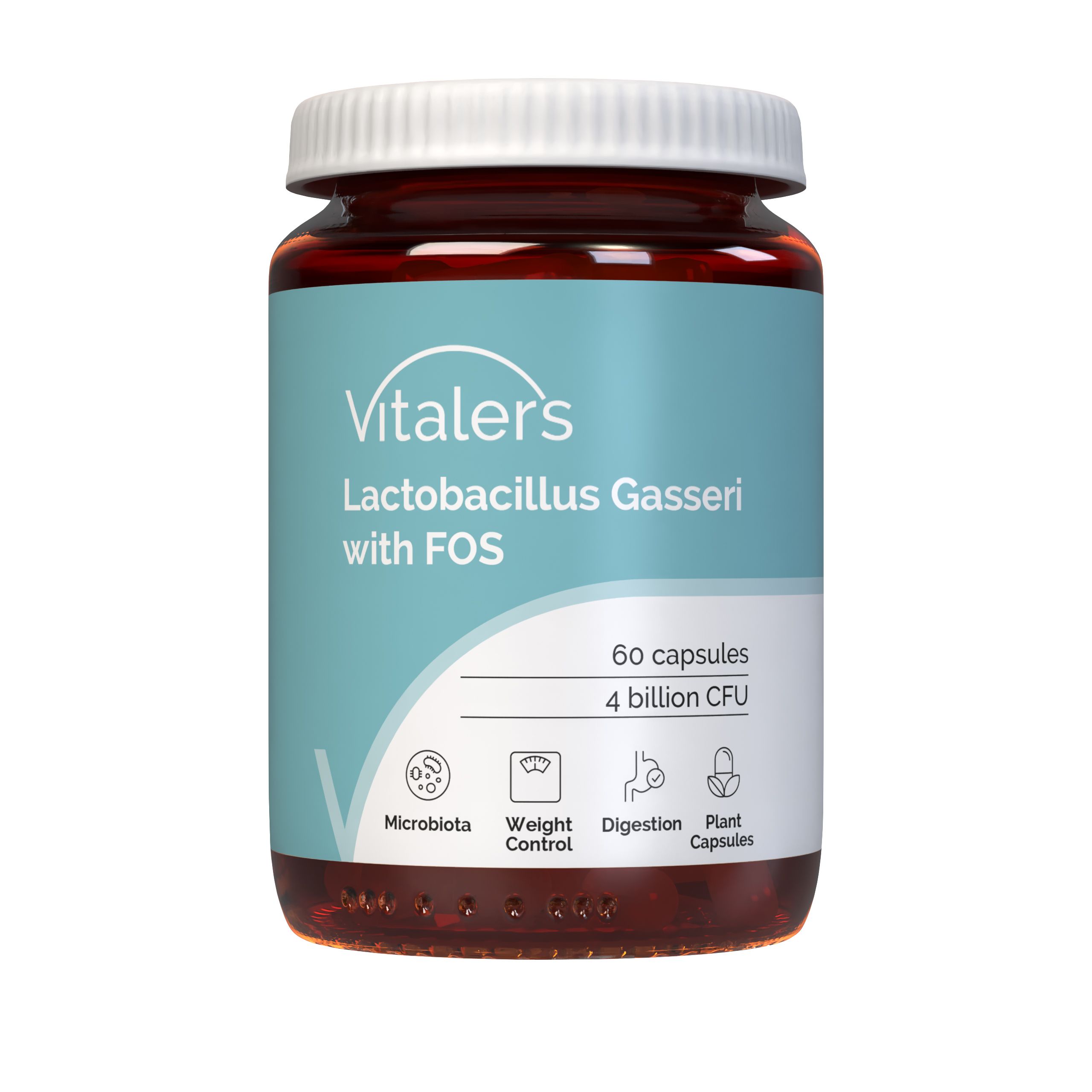 Vitaler's Lactobacillus Gasseri mit FOS: Flasche mit 60 Kapseln, 4 Milliarden KBE, für Mikrobiota, Gewichtskontrolle und Verdauung.