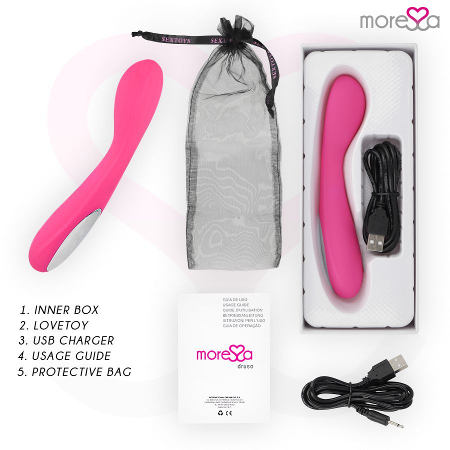 Pinker Vibrator, Ladekabel, Schutztasche und Anleitung in einer Produktverpackung.