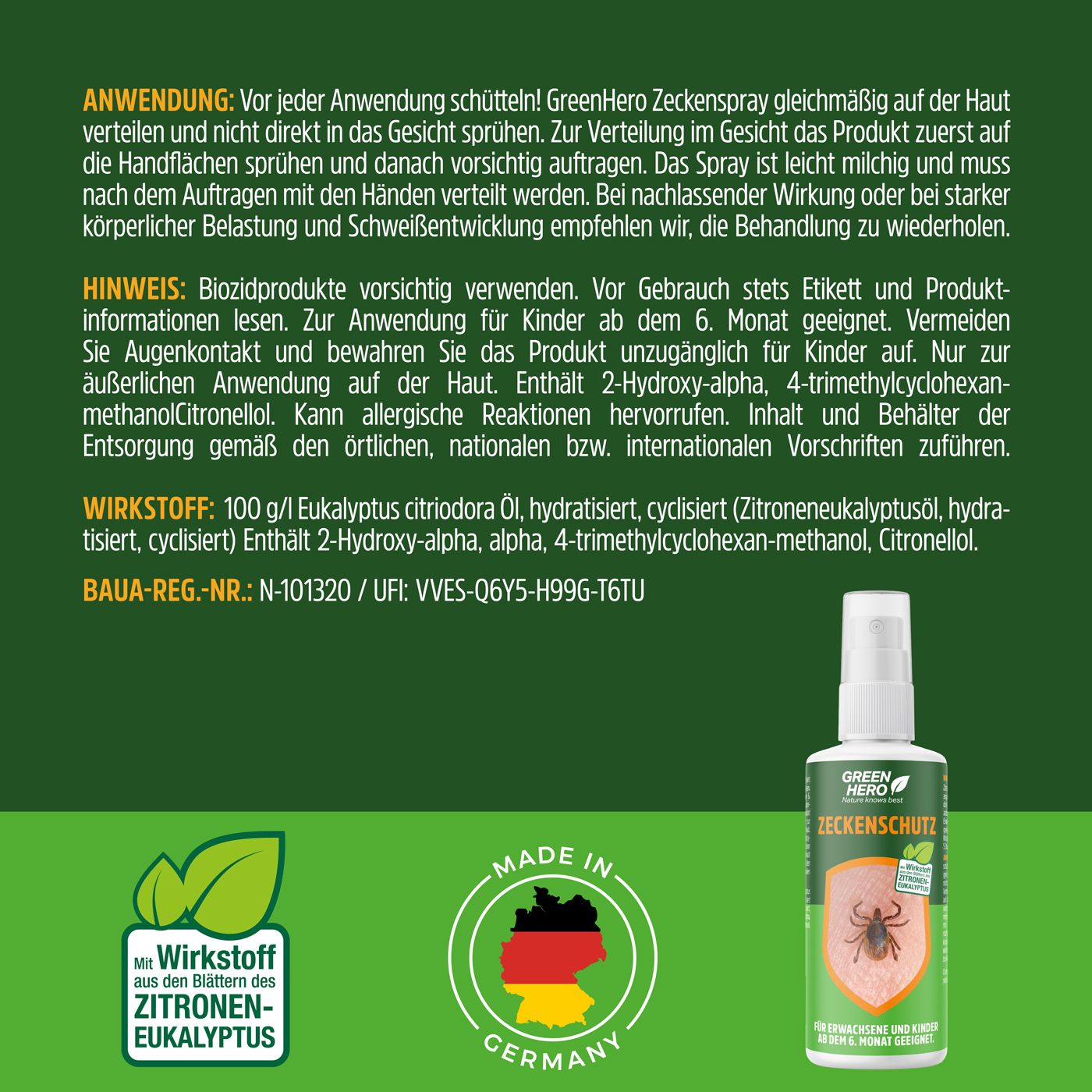 Flasche mit Sprühkopf. Text: Green Hero Zeckenschutz. Text: Für Erwachsene und Kinder ab dem 6. Monat geeignet. Text: Made in Germany. Wirkstoff: Zitronen-Eukalyptus.