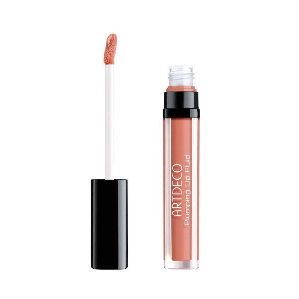 Artdeco Plumping Lip Fluid. Offene Tube mit Applikator. Farbton: Rosa. Schwarzer Deckel, transparente Tube.