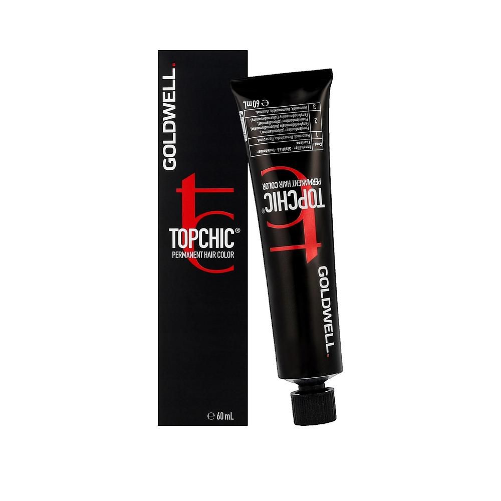 Schwarze Tube mit Goldwell Topchic Permanent Haarfarbe. Schwarze Verpackung daneben.