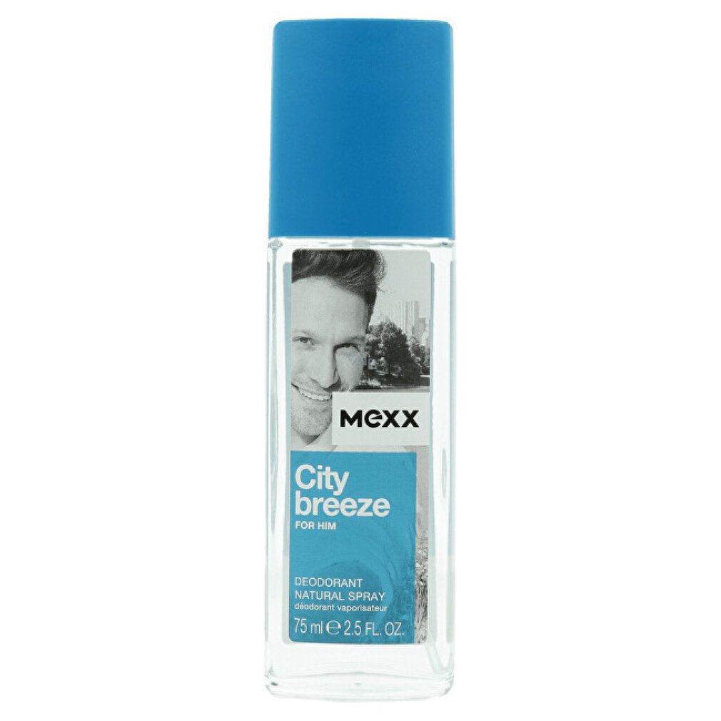 Deodorant-Sprayflasche mit blauem Deckel. Aufkleber mit Mann, Logo und Produktnamen: City Breeze For Him. Text: Natural Spray, 75 ml.