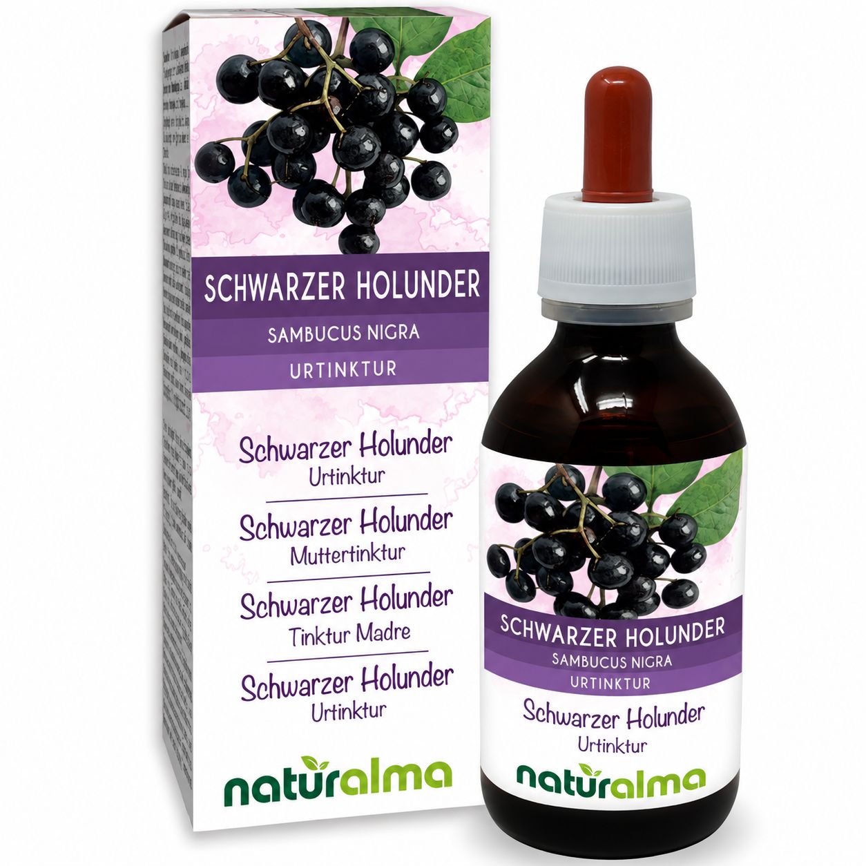 Schwarzer Holunder Muttersaft Tropfflasche mit Pipette und Karton.