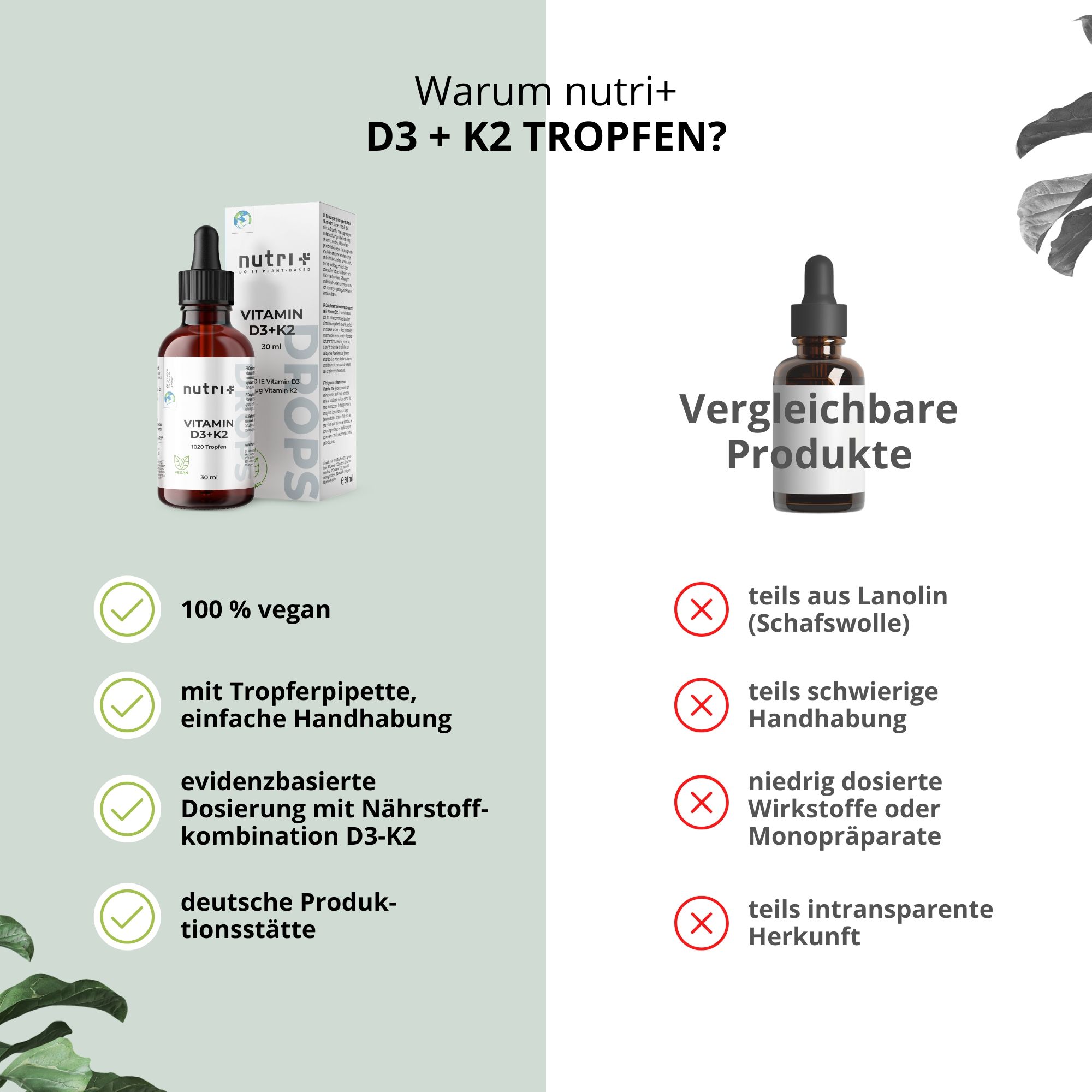Vergleich von nutri+ D3+K2 Tropfen mit anderen Produkten. Vorteile: vegan, Pipette, D3-K2 Kombination, deutsche Produktion.