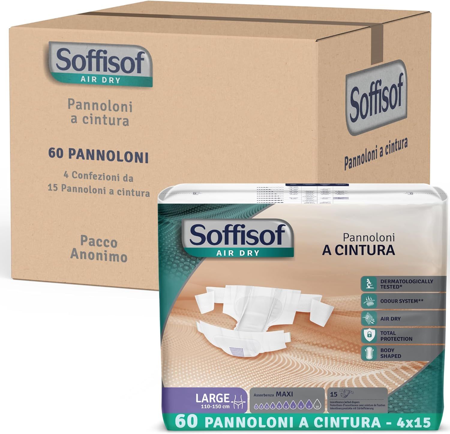 Karton mit Inkontinenzschutz-Packungen. 60 Stück. Mit Hüftbund. Dermatologisch getestet, Geruchskontrolle, Air Dry, Total Protection.