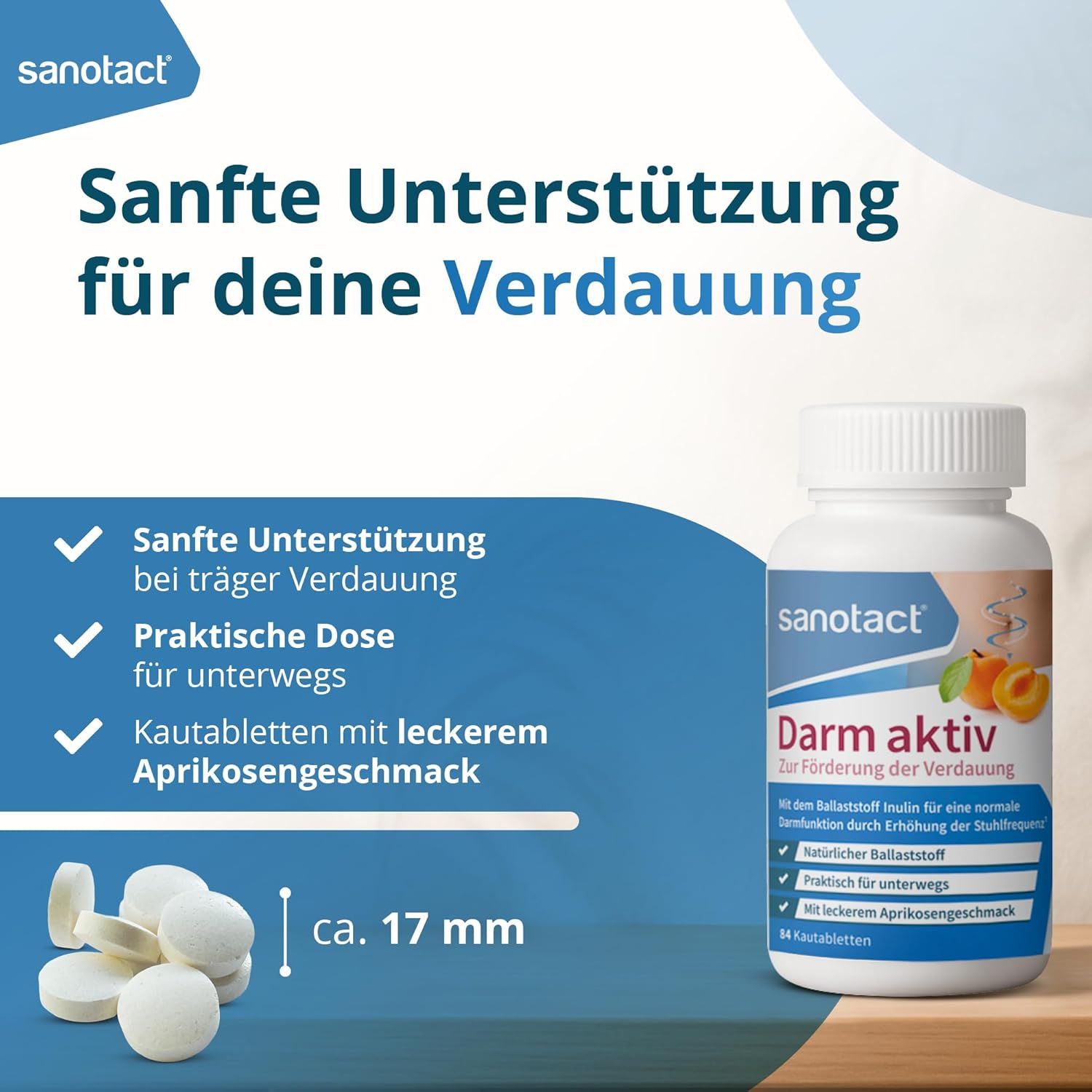 Weiße Flasche Sanotact Darm aktiv Kautabletten, ca. 17 mm. Text: Sanfte Unterstützung für deine Verdauung. Mit Aprikosengeschmack.