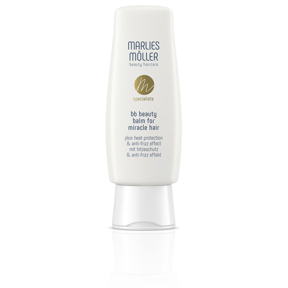 Weiße Tube Marlies Möller Beauty Balm. Text: BB beauty balm for miracle hair, plus Hitzeschutz & Anti-Frizz Effekt.