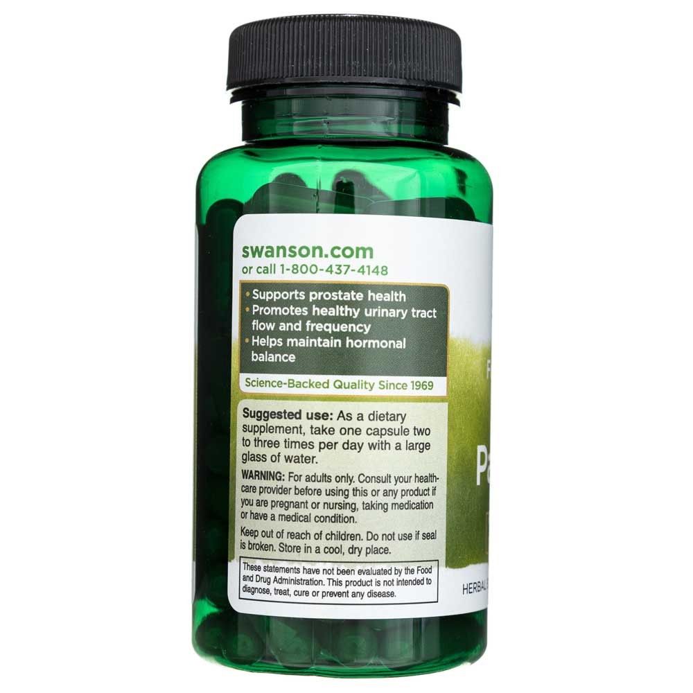 Rückseite einer Flasche Saw Palmetto Kapseln mit Anwendungshinweisen.