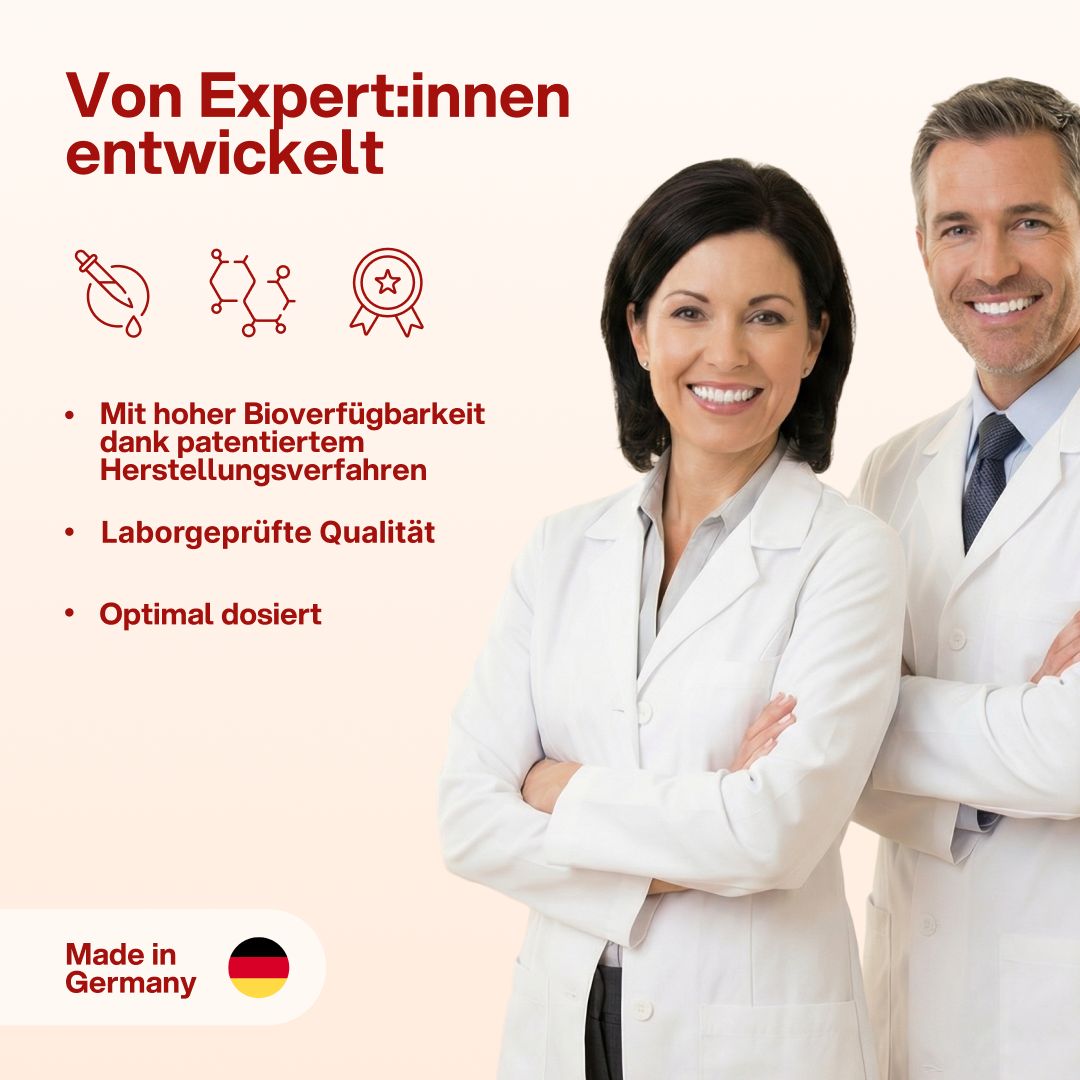 Zwei Wissenschaftler. Hochwertige Qualität, optimal dosiert, hergestellt in Deutschland.