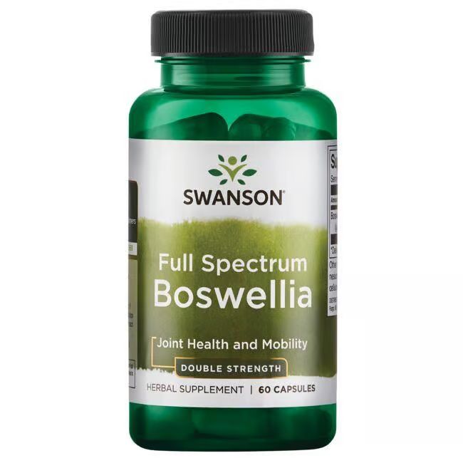 Grüne Flasche mit schwarzem Deckel. Aufschrift: SWANSON, Full Spectrum Boswellia, 60 Kapseln.