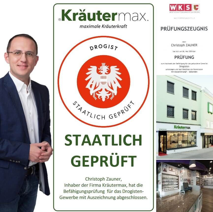Mann mit Brille und Staatlich geprüft-Zertifikat. Logo Kräutermax. Fotos von Drogerie-Innenräumen und Fassade.
